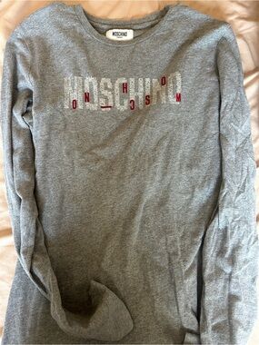 Moschino Gray Long-Sleeve Logo Tee with Red Accents